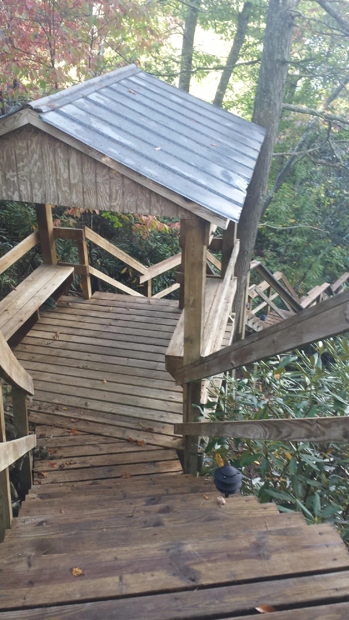 Metal roofed shelter over wooden steps on a wooded walkway — Skylight Repair & Installation work by our crew in Williamstown